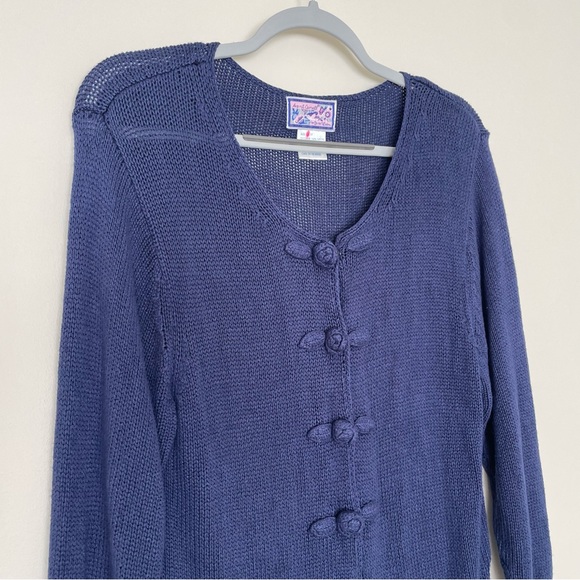 April Cornell Open Knit Crochet Flower Buttons Blue Country Girl Cardigan Medium - Picture 3 of 12